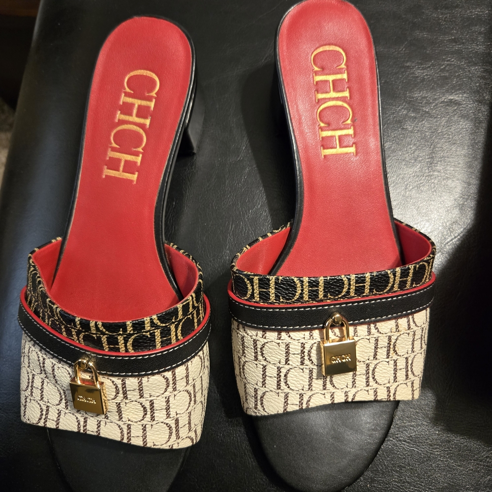 Women's Black and Red Heeled Sandals